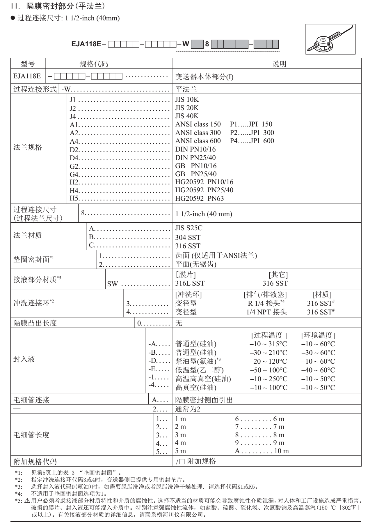 EJA118E隔膜密封式壓力變送器隔膜密封部分選型